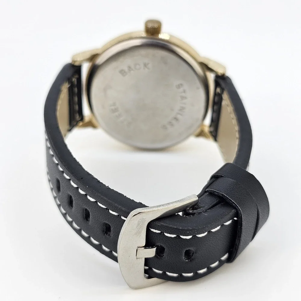 Men's Watch 44MM Black Dial New‎ Black Faux Leather Bands New Battery